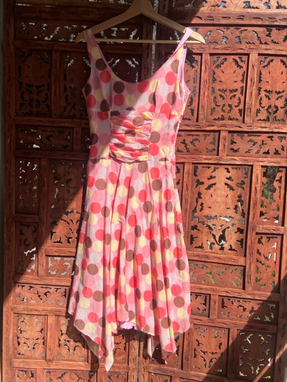 Elizabeth Wayman Asymmetrical Pink Polka Dot Dress - Sleeveless Ruched Bodice